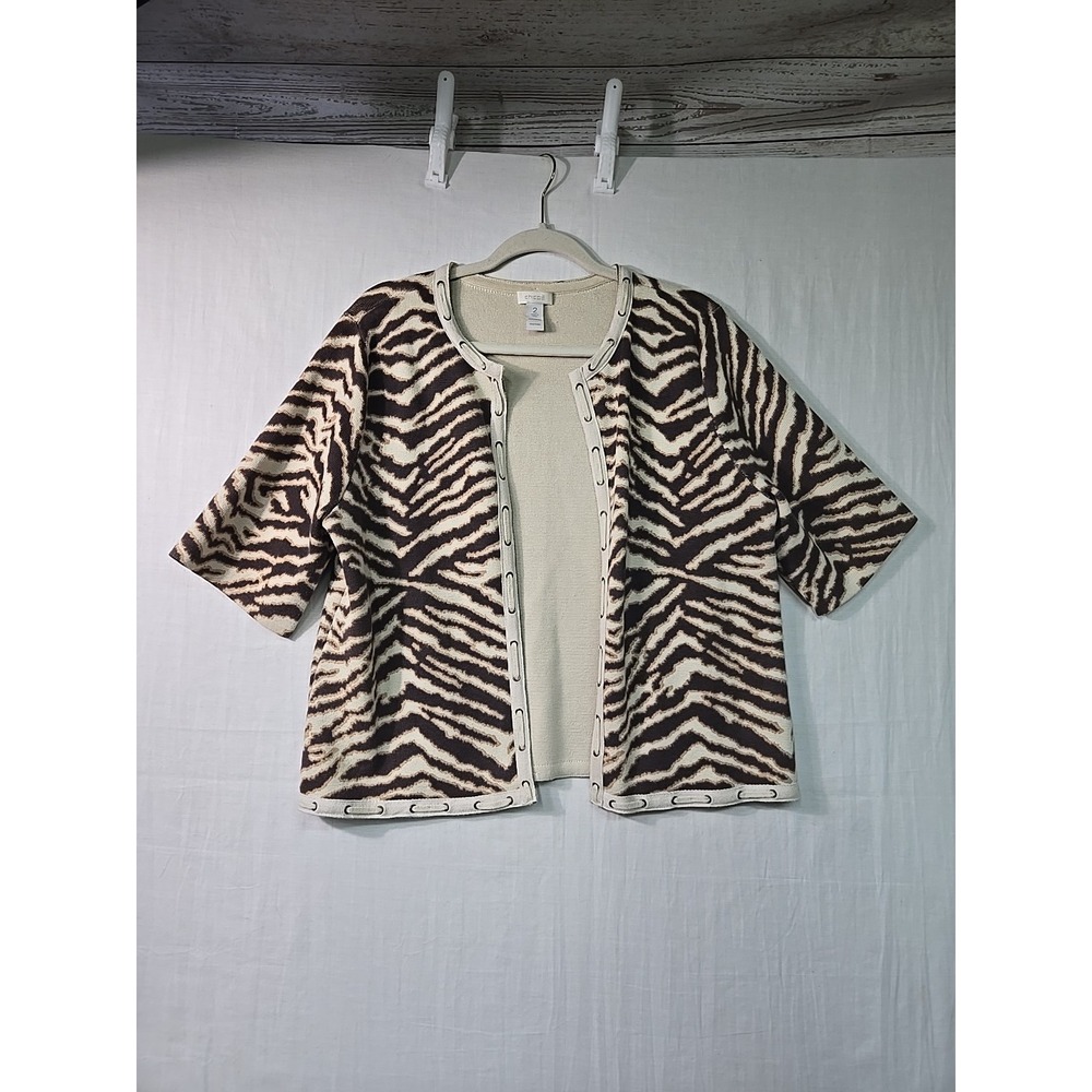 Chico's Cropped Open Front Cardigan Sweater 1‎ (L) Short Sleeve Animal Print